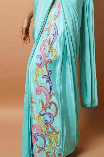 ready to wear blue firozi saree set