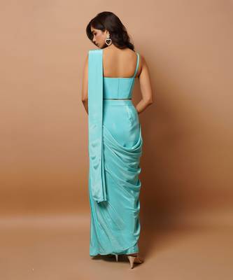 ready to wear blue firozi saree set 5