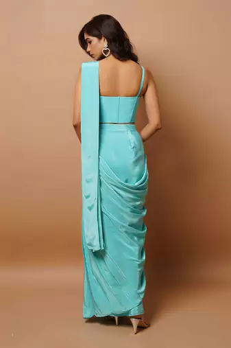 ready to wear blue firozi saree set