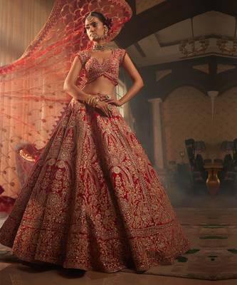 Red Heavily Embroidered Lehenga Set 1