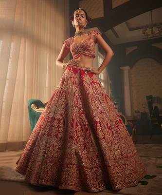 Red Heavily Embroidered Lehenga Set 2