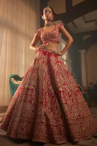 Red Heavily Embroidered Lehenga Set
