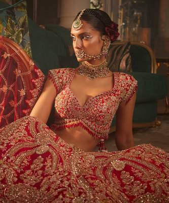 Red Heavily Embroidered Lehenga Set 3