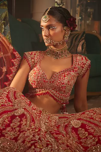 Red Heavily Embroidered Lehenga Set