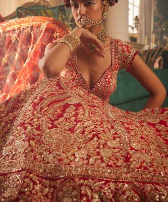Red Heavily Embroidered Lehenga Set 4