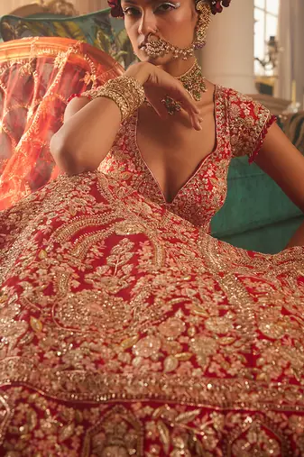 Red Heavily Embroidered Lehenga Set