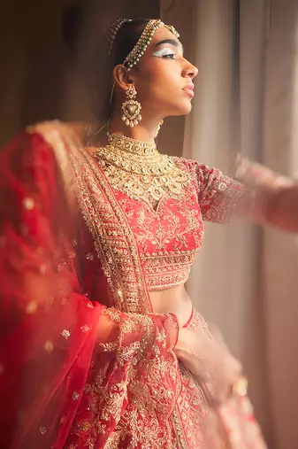 Red Elnaz Heavily Embroidered Lehenga Set