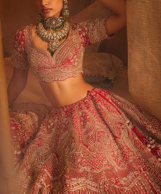 Red Frosty Heavily Embroidered Lehenga Set 2
