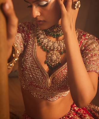 Red Frosty Heavily Embroidered Lehenga Set 3