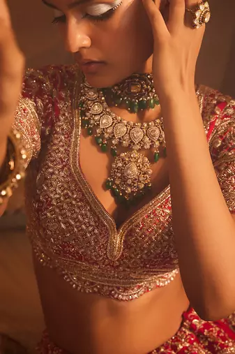 Red Frosty Heavily Embroidered Lehenga Set