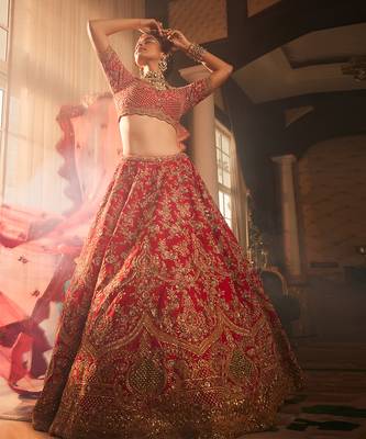 Red Isra Heavily Embroidered Lehenga Set 1