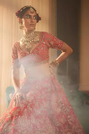 Red Isra Heavily Embroidered Lehenga Set