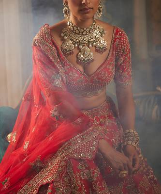 Red Isra Heavily Embroidered Lehenga Set 3