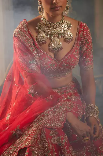 Red Isra Heavily Embroidered Lehenga Set
