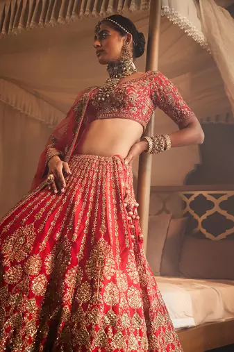 Red Jahanara Heavily Embroidered Lehenga Set