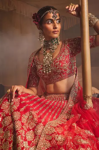 Red Jahanara Heavily Embroidered Lehenga Set