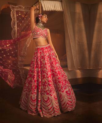 Cherry Red Heavily Embroidered Lehenga Set 1
