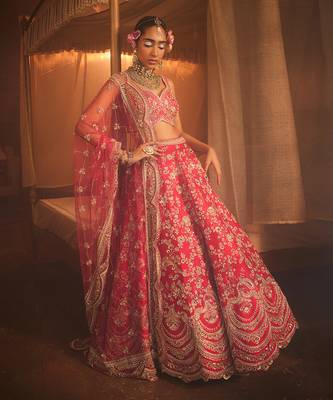 Cherry Red Heavily Embroidered Lehenga Set 2