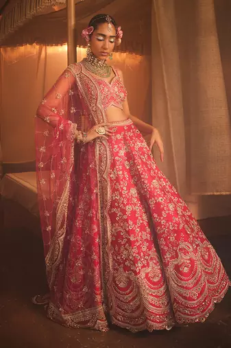 Cherry Red Heavily Embroidered Lehenga Set