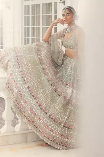 Dusty Firoza Maithili Embroidered Lehenga Set
