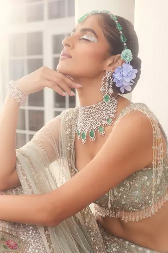 Dusty Firoza Maithili Embroidered Lehenga Set