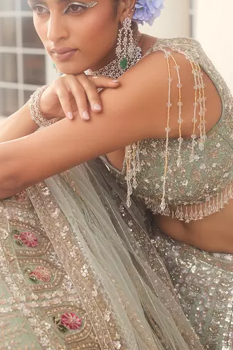 Dusty Firoza Maithili Embroidered Lehenga Set
