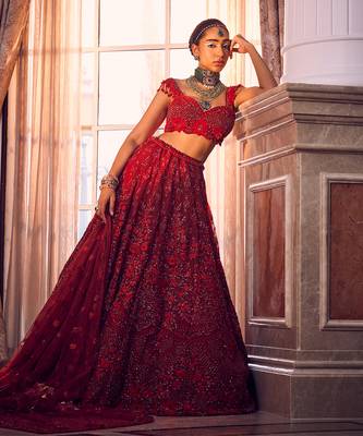 Red Merlin Heavily Embroidered Lehenga Set 1