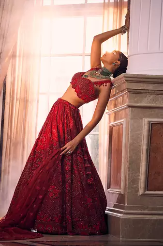 Red Merlin Heavily Embroidered Lehenga Set