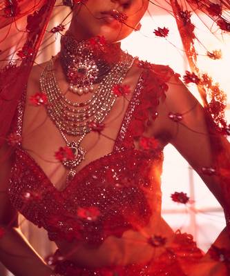 Red Merlin Heavily Embroidered Lehenga Set 3