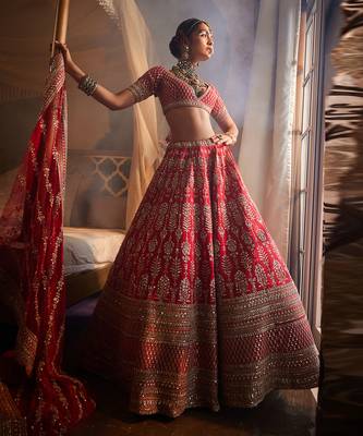 Red Loop Heavily Embroidered Lehenga Set 1
