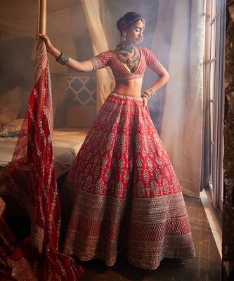 Red Loop Heavily Embroidered Lehenga Set 2