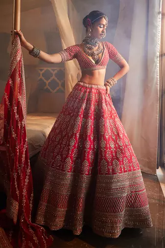 Red Loop Heavily Embroidered Lehenga Set