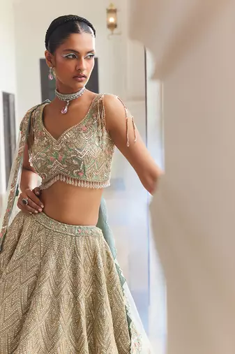 Dusty Firoza Embroidered Lehenga Set