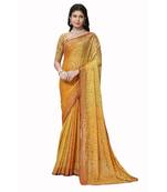 Orange floral print brasso party wear saree with blouse