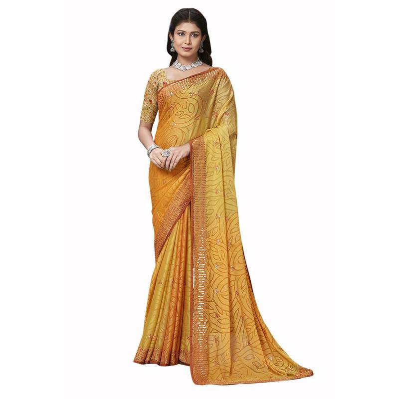 Orange floral print brasso party wear saree with blouse