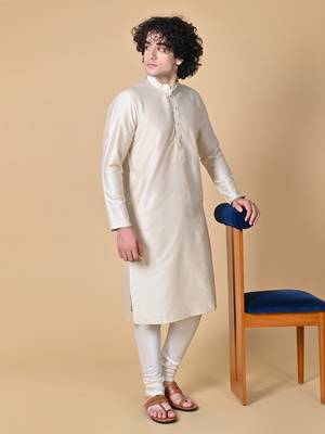 Beige Cotton Blend Kurta Churidar Set for Men 2