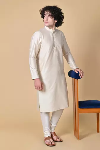 Beige Cotton Blend Kurta Churidar Set for Men