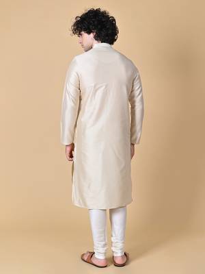 Beige Cotton Blend Kurta Churidar Set for Men 3