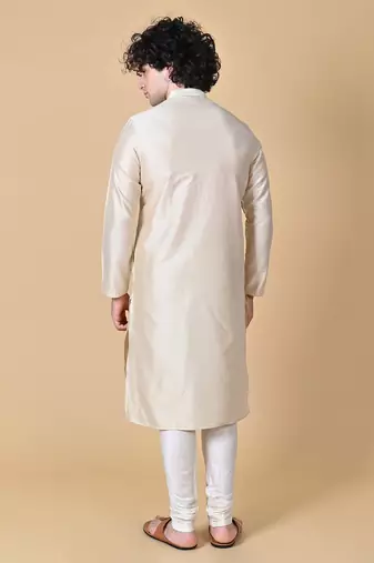 Beige Cotton Blend Kurta Churidar Set for Men
