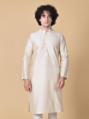 Beige Cotton Blend Kurta Churidar Set for Men 4