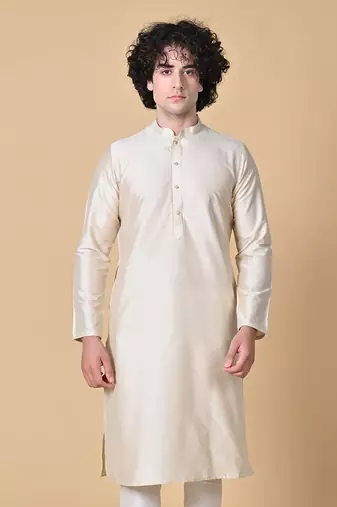 Beige Cotton Blend Kurta Churidar Set for Men