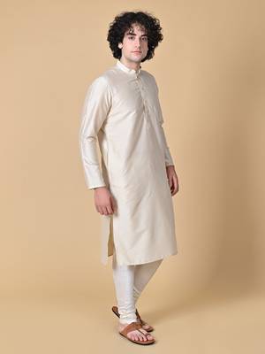 Beige Cotton Blend Kurta Churidar Set for Men 6
