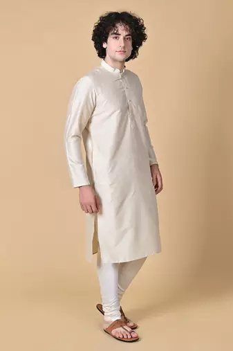 Beige Cotton Blend Kurta Churidar Set for Men