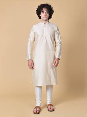 Beige Cotton Blend Kurta Churidar Set for Men 7