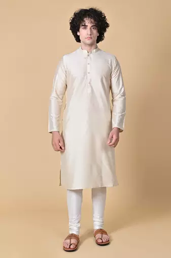 Beige Cotton Blend Kurta Churidar Set for Men