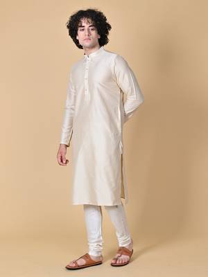 Beige Cotton Blend Kurta Churidar Set for Men 8