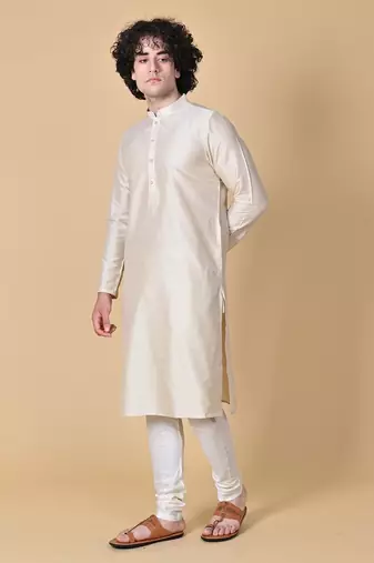 Beige Cotton Blend Kurta Churidar Set for Men