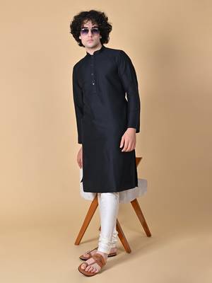 Black Cotton Blend Kurta Churidar Set for Men 1