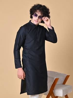 Black Cotton Blend Kurta Churidar Set for Men 2