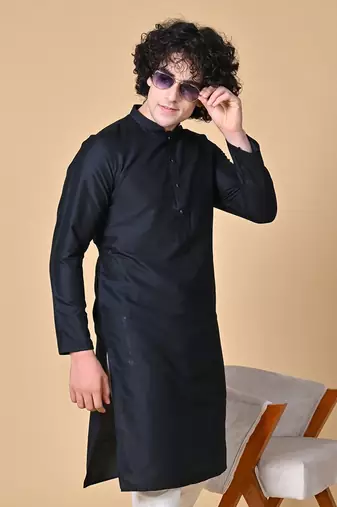 Black Cotton Blend Kurta Churidar Set for Men